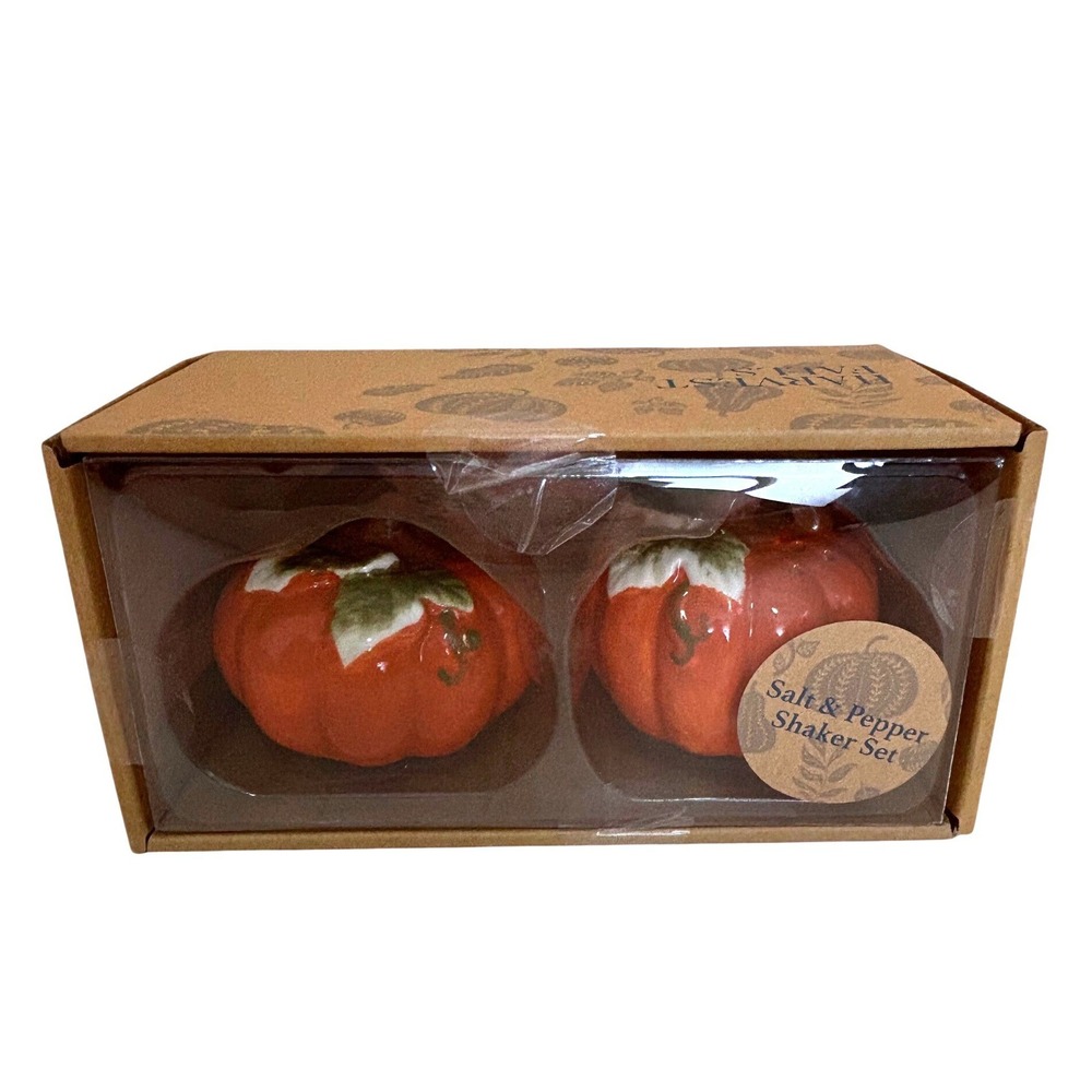 Harvest Falls Orange Ceramic Pumpkin Salt & Pepper Shaker Set New in Box!